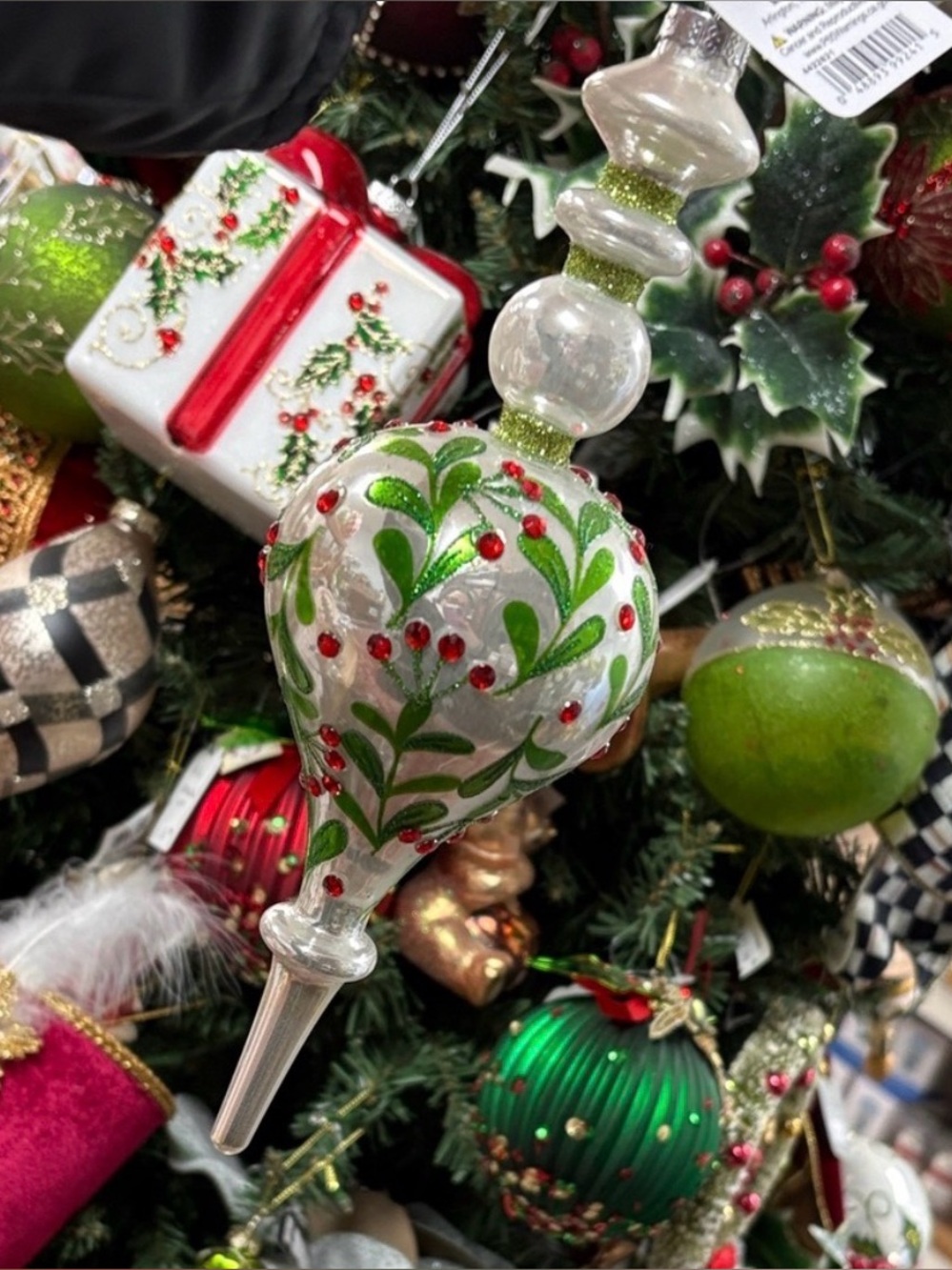 Holiday Finial Ornament in White, Green & Red